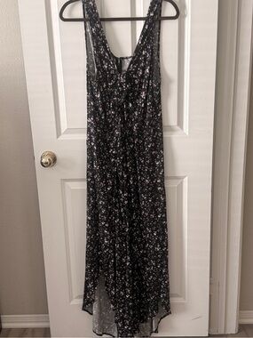 Black Floral Sleeveless Ankle Length Romper with Pink & White Blossoms